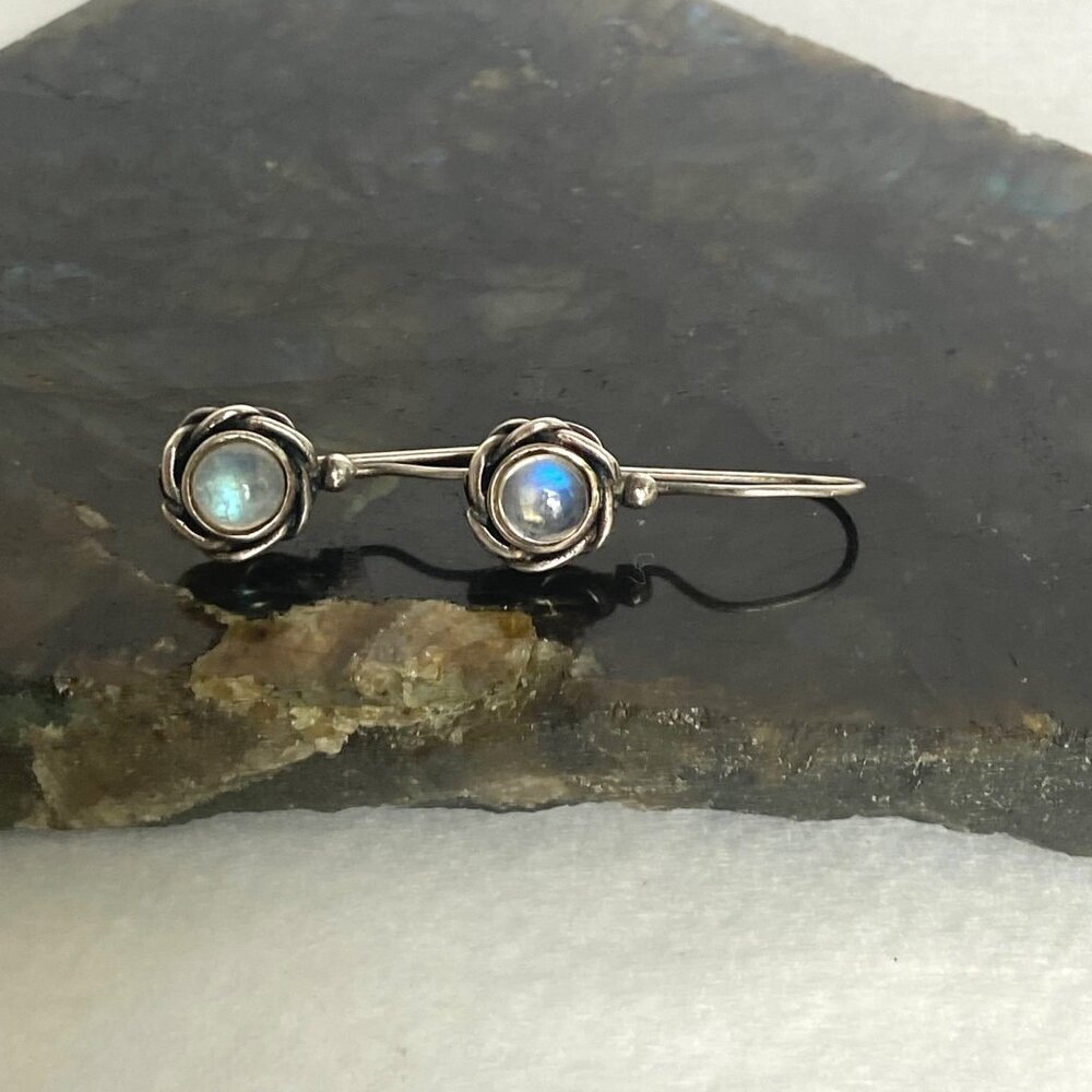 Sterling Silver 925 Round Floral Moonstone Drop Dangle Earrings - Picture 12 of 16